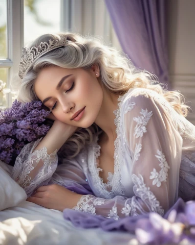 the sleeping rose,sleeping rose,sleeping beauty,rapunzel,rose sleeping apple,cinderella,la violetta,lilac blossom,white rose snow queen,woman on bed,relaxed young girl,dreaming,victorian lady,fairy queen,fairy tale,white lilac,precious lilac,fairy tale character,vintage lavender background,lilac flower,Conceptual Art,Fantasy,Fantasy 12