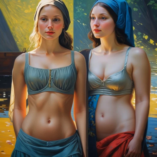 elves,two girls,bodypainting,nuns,sisters,bodypaint,yellow and blue,costumes,sirens,wood angels,angels,body painting,hanging elves,beautiful women,celtic woman,navel,young women,two beauties,costume festival,orange robes,Art,Classical Oil Painting,Classical Oil Painting 07