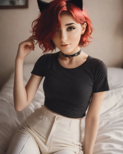 cat ears,redhead doll,red hair,red bow,red-haired,redhair,doll paola reina,realdoll,kat,minnie,devil,beret,pixie,lis,cotton top,minnie mouse,red head,retro girl,feline look,fae,Photography,Realistic