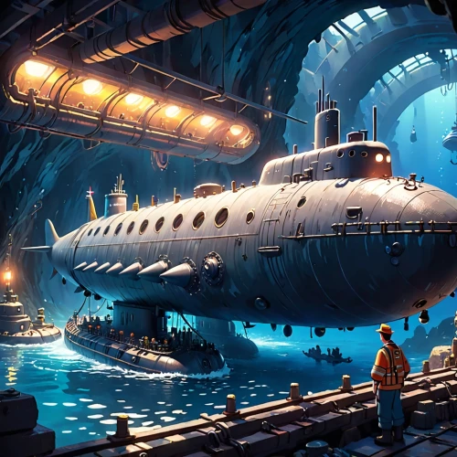 atlantis,submersible,semi-submersible,sci fiction illustration,nautilus,airships,aquanaut,underwater playground,airship,undersea,costa concordia,deep-submergence rescue vehicle,a cargo ship,aquarium,very large floating structure,docked,sea fantasy,factory ship,ballistic missile submarine,cargo ship,Anime,Anime,Cartoon