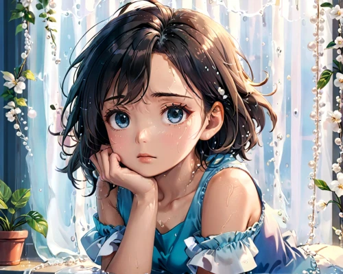 worried girl,girl portrait,blue hydrangea,forget me not,hydrangea,hydrangeas,portrait background,holding flowers,girl in flowers,romantic portrait,studio ghibli,cinderella,azure,blue eyes,thoughtful,child portrait,beautiful girl with flowers,jasmine blue,girl sitting,portrait of a girl,Anime,Anime,Realistic