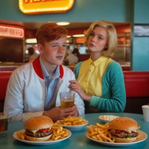 retro diner,vintage boy and girl,fifties,burger king premium burgers,drive in restaurant,50s,couple goal,50's style,classic burger,60s,1960's,fast food restaurant,retro women,burger and chips,vintage man and woman,boy and girl,young couple,commercial,model years 1958 to 1967,diner