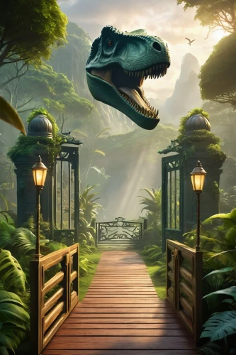 dragon bridge,dino,dinosaruio,dinosaur,landmannahellir,raptor,alligator alley,ark,world digital painting,crocodile park,dinosaurs,cartoon video game background,game illustration,jurassic,trex,humpback bridge,pathway,fantasy picture,full hd wallpaper,cg artwork,Illustration,Realistic Fantasy,Realistic Fantasy 01