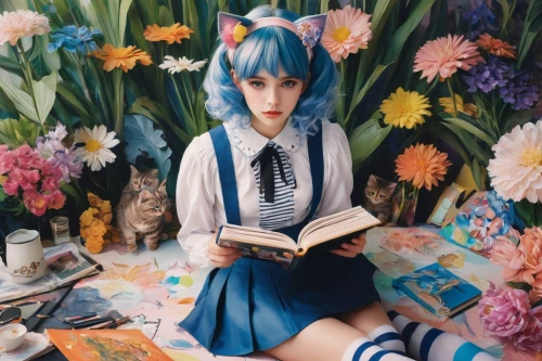 alice,bookworm,rei ayanami,anime japanese clothing,blue room,alice in wonderland,anime girl,cosplay image,blue hair,wonderland,blue flowers,japanese kawaii,blue petals,blue daisies,reading,read a book,girl studying,librarian,blue and white,blue shoes,Photography,Fashion Photography,Fashion Photography 19