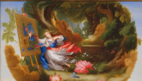 the annunciation,girl picking flowers,khokhloma painting,children's fairy tale,alice in wonderland,cinderella,colomba di pasqua,rococo,flower painting,girl in the garden,fairy tale character,way of the roses,flora,hare krishna,still life of spring,fantasia,disney rose,parfum,secret garden of venus,fairy tale,Art,Classical Oil Painting,Classical Oil Painting 33