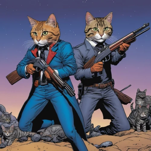 vintage cats,american wirehair,two cats,cats,stray cats,the cat and the,felines,patrols,firestar,laser guns,red cat,cat warrior,fox hunting,cat image,red tabby,cat lovers,cat family,pistols,kittens,the sandpiper combative,Illustration,American Style,American Style 03