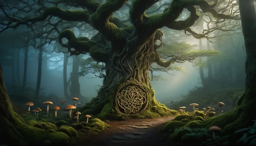 celtic tree,elven forest,enchanted forest,druid grove,fairy forest,forest tree,mushroom landscape,tree of life,fairytale forest,forest path,holy forest,magic tree,the mystical path,fantasy picture,the forest,haunted forest,dryad,the roots of trees,tree mushroom,fantasy art,Illustration,Japanese style,Japanese Style 14