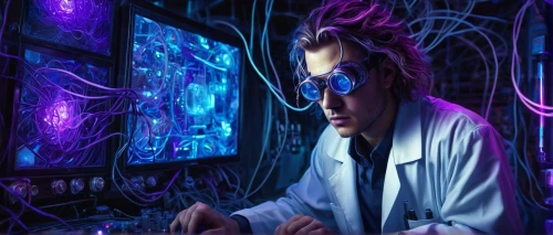 scientist,sci fiction illustration,theoretician physician,sci fi surgery room,researcher,biologist,cyber glasses,laboratory,microbiologist,pandemic,man with a computer,cyberpunk,pathologist,laboratory information,watchmaker,cybernetics,doctor,the doctor,investigator,eleven,Illustration,Realistic Fantasy,Realistic Fantasy 22