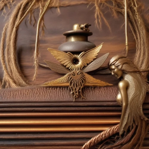 caduceus,patterned wood decoration,pickelhaube,wood carving,carved wood,sconce,interior decor,ceremonial coach,prince of wales feathers,coat of arms of bird,heraldry,laurel wreath,heraldic,decorative element,door knocker,an ornamental bird,copper utensils,head plate,place card holder,antique background,Illustration,Realistic Fantasy,Realistic Fantasy 13