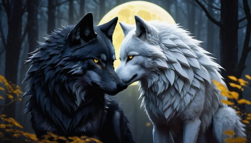 wolf couple,two wolves,wolves,howling wolf,wolf,howl,gray wolf,werewolves,canis lupus,constellation wolf,european wolf,wolf's milk,wolf hunting,sun and moon,werewolf,wolfdog,wolf pack,fantasy picture,fantasy art,full moon,Illustration,Japanese style,Japanese Style 18