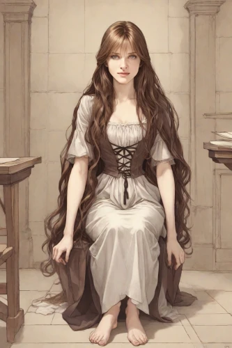 the long-hair cutter,celtic queen,girl in a historic way,fairy tale character,rapunzel,cinderella,portrait of a girl,gothic portrait,bran,girl sitting,priestess,girl with a wheel,mystical portrait of a girl,girl in a long,lilian gish - female,fantasy portrait,girl in a long dress,white lady,cybele,the little girl,Digital Art,Comic