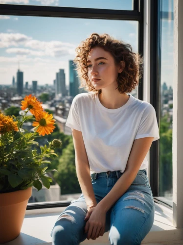 window sill,windowsill,paris balcony,girl in t-shirt,gerbera,balcony garden,girl in flowers,window view,bedroom window,portrait background,beautiful girl with flowers,leucanthemum,australian daisies,on the roof,balcony plants,portrait photography,bellis perennis,argyranthemum frutescens,sun daisies,daisies,Photography,Fashion Photography,Fashion Photography 23