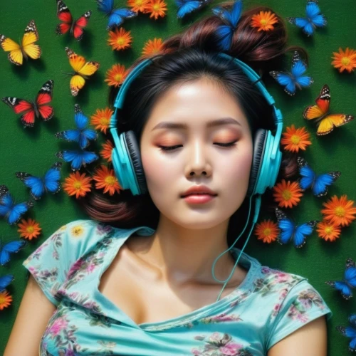 listening to music,self hypnosis,girl in flowers,audiophile,headphones,headphone,music player,tinnitus,music,relaxed young girl,colorful floral,wireless headset,asian woman,handsfree,audio player,music background,closed eyes,listening,zzz,earphone,Illustration,Japanese style,Japanese Style 09