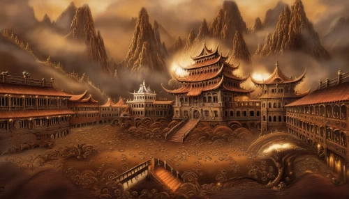 ancient city,forbidden palace,world digital painting,borodundur,oktoberfest background,mountain settlement,chinese temple,fantasy landscape,destroyed city,castle iron market,dragon palace hotel,hall of supreme harmony,fantasy city,peter-pavel's fortress,bagan,grand palace,buddhist hell,medieval town,citadel,fantasy picture,Illustration,Realistic Fantasy,Realistic Fantasy 13