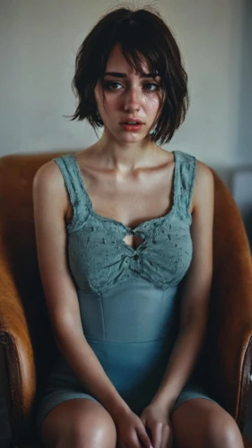 woman sitting,sitting on a chair,girl sitting,woman portrait,felicity jones,sitting,depressed woman,see-through clothing,torn dress,in a shirt,seated,portait,moody portrait,cotton top,paloma,young woman,sofa,retro woman,stressed woman,portrait of a girl