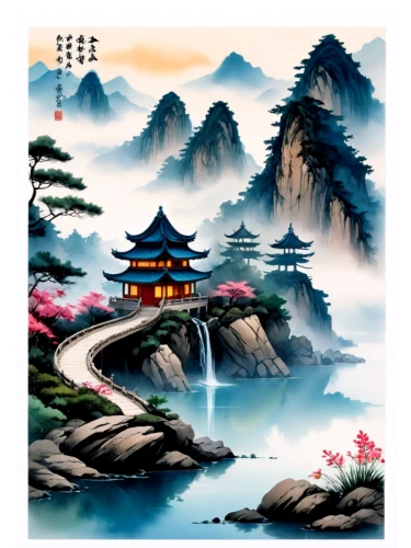 oriental painting,cool woodblock images,chinese art,wall calendar,chinese background,landscape background,wuyi,guizhou,woodblock prints,yunnan,huashan,china,greeting cards,danyang eight scenic,file folder,chinese icons,mountain scene,nanjing,game illustration,chinese screen,Illustration,Realistic Fantasy,Realistic Fantasy 06