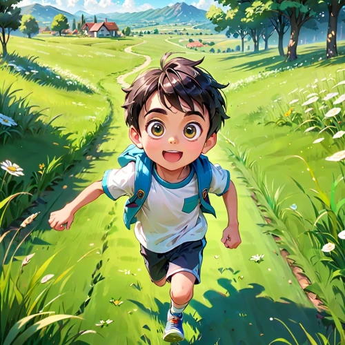 studio ghibli,child in park,kids illustration,world digital painting,little girl running,meadow play,playing outdoors,digital painting,running,walk in a park,running frog,game illustration,child playing,children's background,on the grass,little kid,clover meadow,chasing butterflies,trail,summer day,Anime,Anime,General