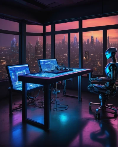 cyberpunk,computer workstation,night administrator,computer desk,computer room,working space,neon human resources,desk,modern office,girl at the computer,music workstation,sci fiction illustration,man with a computer,blur office background,workspace,creative office,cyber,digital compositing,workstation,apple desk,Illustration,American Style,American Style 08