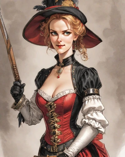 pirate,steampunk,musketeer,victorian lady,cowgirl,victorian style,harley quinn,harley,gunfighter,the hat of the woman,victorian fashion,lady in red,the hat-female,matador,red coat,girl with gun,venetia,jolly roger,sheriff,girl with a gun,Digital Art,Comic
