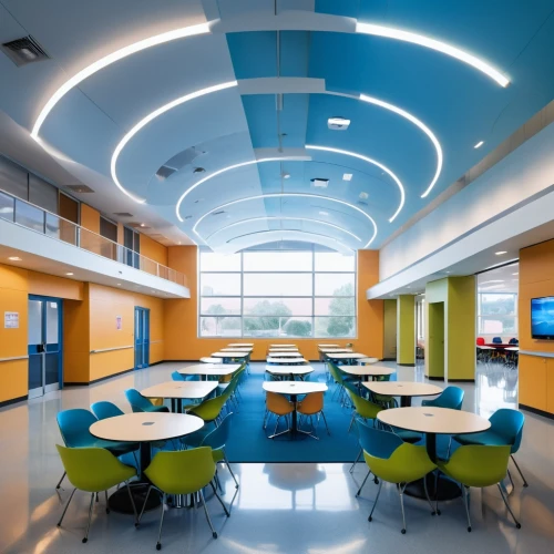 school design,cafeteria,daylighting,canteen,food court,conference room,ceiling construction,lecture hall,ceiling lighting,ceiling fixture,children's interior,lecture room,ceiling ventilation,children's operation theatre,conference hall,contemporary decor,modern decor,conference room table,ufo interior,meeting room,Photography,General,Realistic