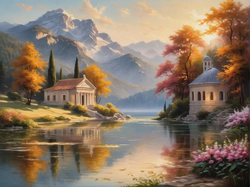 autumn landscape,landscape background,fantasy landscape,church painting,mountain scene,fall landscape,river landscape,mountain landscape,autumn mountains,home landscape,nature landscape,beautiful landscape,autumn idyll,fantasy picture,mountainous landscape,rural landscape,autumn scenery,landscape,idyllic,mountain settlement,Art,Classical Oil Painting,Classical Oil Painting 02