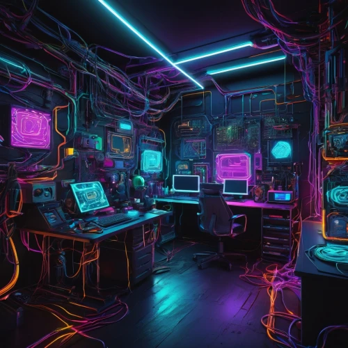 computer room,cyberpunk,ufo interior,sci fi surgery room,the server room,neon coffee,game room,neon ghosts,cyber,80s,cyberspace,80's design,neon,laboratory,playing room,scifi,study room,working space,computer art,computer,Illustration,Children,Children 06