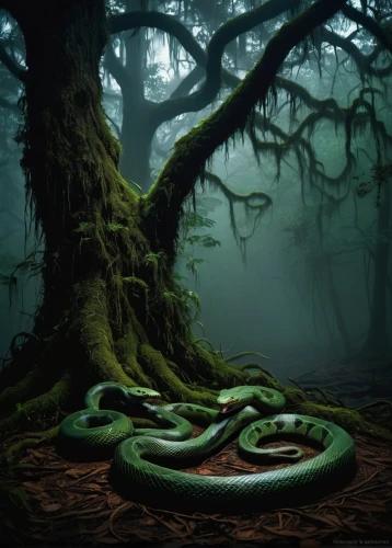 green tree snake,tree snake,snake tree,green snake,green tree python,serpent,green mamba,gree tree python,red tailed boa,woodland salamander,tree python,burmese python,smooth greensnake,swampy landscape,african house snake,rat snake,boa constrictor,tree moss,pointed snake,tendril,Art,Artistic Painting,Artistic Painting 21