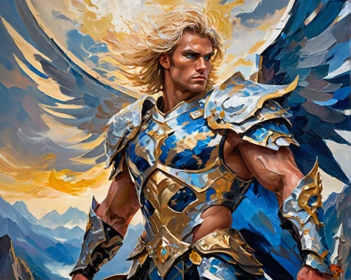 archangel,the archangel,wind warrior,odin,paladin,god of thunder,uriel,fantasy warrior,heroic fantasy,guardian angel,zeus,norse,adler,helios,poseidon,vane,griffin,fantasy art,valhalla,gabriel,Conceptual Art,Oil color,Oil Color 20