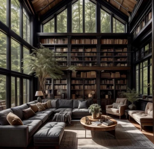 reading room,bookshelves,book wall,living room,livingroom,bookcase,great room,bookshelf,beautiful home,the cabin in the mountains,interior design,family room,sitting room,log home,modern living room,interiors,coffee and books,wooden beams,loft,modern decor
