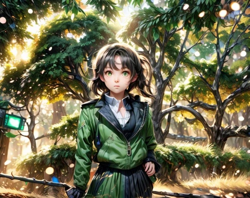 girl with tree,natal lily,gentiana,the girl next to the tree,green tree,christmas background,anime japanese clothing,rain lily,green jacket,light rain,emerald,green garden,parka,background ivy,ganai,violet evergarden,green wallpaper,nico,christmas wallpaper,sanya