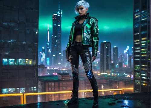 cyberpunk,birds of prey-night,futuristic,dystopian,electro,metropolis,jacket,scifi,cyber,renegade,sci - fi,sci-fi,sci fi,femme fatale,matrix,hk,urban,cosplay image,mk1,city lights,Illustration,Realistic Fantasy,Realistic Fantasy 07