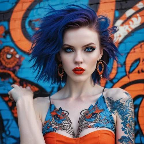 tattoo girl,blue hair,bluejay,bodypaint,electric blue,blue peacock,cobalt blue,tattooed,vibrant color,teal and orange,with tattoo,bombay mix,tattoos,blue jay,red and blue,pompadour,harley,punk,indigo,bodypainting,Photography,General,Realistic