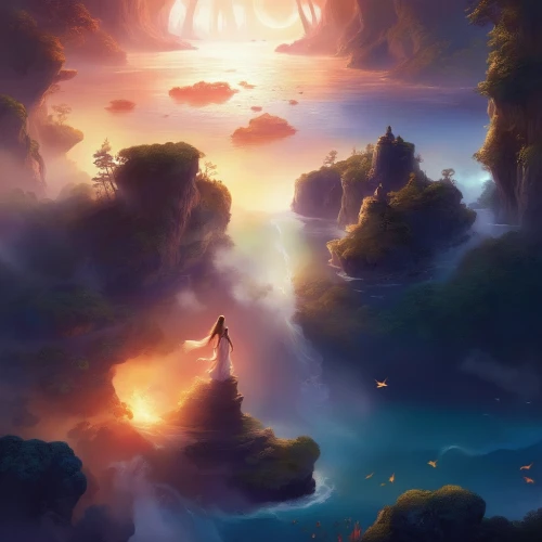 fantasy landscape,mushroom landscape,hot-air-balloon-valley-sky,sea of clouds,landscape background,fantasy picture,an island far away landscape,world digital painting,dusk background,above the clouds,3d fantasy,fairy world,high landscape,dreamland,eventide,evening atmosphere,volcanic landscape,cloud mountains,futuristic landscape,cloud mountain,Illustration,Realistic Fantasy,Realistic Fantasy 01