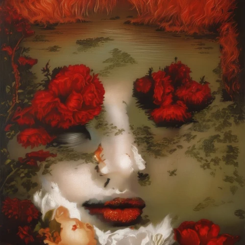 the sleeping rose,red carnations,girl in a wreath,girl in flowers,pierrot,red roses,la catrina,fantasy portrait,fallen petals,carnations,rosebushes,venetian mask,red magnolia,doll's head,scent of roses,way of the roses,red petals,rosarium,red rose,woman's face,Illustration,Realistic Fantasy,Realistic Fantasy 10