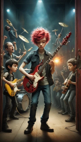 music band,syndrome,guitar player,rock music,rock band,musicians,philharmonic orchestra,kids illustration,rock concert,symphony orchestra,orchestra,little people,orchesta,musician,guitarist,animated cartoon,acdc,musical rodent,red-haired,transistor,Illustration,Abstract Fantasy,Abstract Fantasy 06