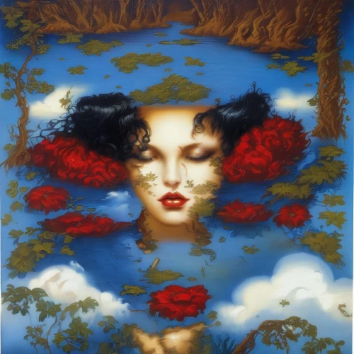 magnolia,secret garden of venus,dita,red magnolia,girl in a wreath,oriental painting,surrealistic,flora,venus,khokhloma painting,sky rose,rose woodruff,rococo,bella rosa,chinese art,dongfang meiren,vintage art,bibernell rose,surrealism,girl in flowers,Illustration,Realistic Fantasy,Realistic Fantasy 10