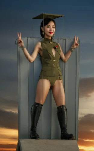 asian costume,military officer,military person,digital compositing,conceptual photography,stewardess,flight attendant,asian woman,image manipulation,cosplay image,pin-up model,3d figure,pedestal,display dummy,art model,female model,3d model,photoshop manipulation,photo manipulation,vietnamese woman,Photography,General,Realistic