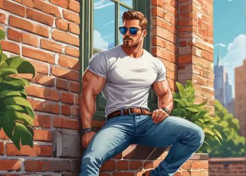 man on a bench,jeans background,brick background,portrait background,builder,pompadour,gardener,male model,construction worker,mechanic,handyman,blue-collar worker,bricklayer,male poses for drawing,male character,contractor,macho,summer background,brick wall background,tradesman,Unique,Design,Sticker