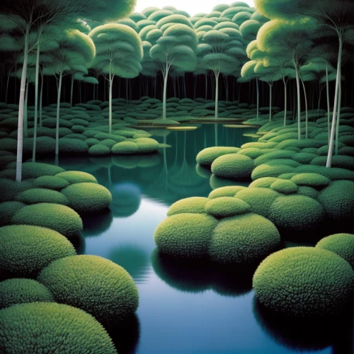 green trees with water,mushroom landscape,green forest,tree grove,lily pads,green landscape,japan landscape,green trees,underwater landscape,lotus pond,underground lake,lily pad,aquatic plants,acid lake,fractals art,virtual landscape,fractal art,water lilies,forest moss,waterscape
