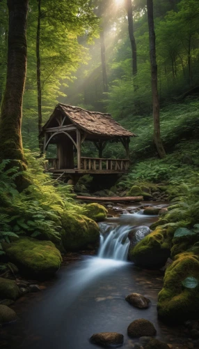house in the forest,water mill,germany forest,fairytale forest,the cabin in the mountains,house in mountains,mountain stream,summer cottage,great smoky mountains,mountain spring,log home,house in the mountains,home landscape,log cabin,forest landscape,flowing creek,small cabin,fairy forest,secluded,japan landscape,Photography,General,Fantasy