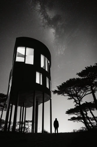 dunes house,observation tower,spyglass,mirror house,cubic house,cube house,observatory,lookout tower,house silhouette,beach house,astronomer,watchtower,skywatch,night photography,the observation deck,klaus rinke's time field,observation deck,beachhouse,lifeguard tower,tree house hotel