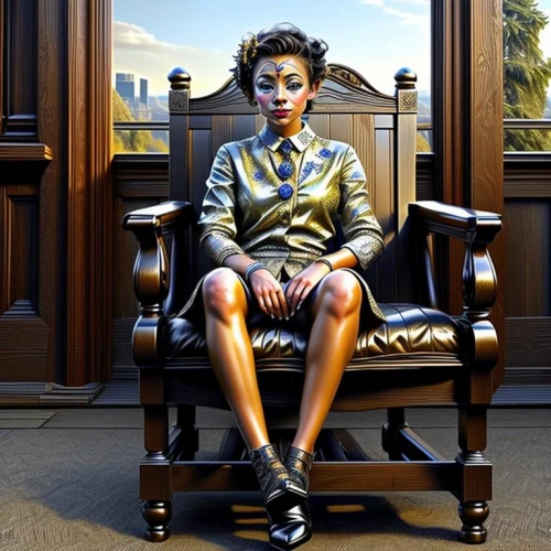 secretary,bodypainting,armchair,bodypaint,painted lady,woman sitting,artist's mannequin,throne,sitting on a chair,a wax dummy,girl-in-pop-art,business woman,art dealer,woman in menswear,streampunk,body painting,cigarette girl,businesswoman,surrealism,receptionist