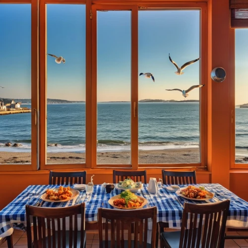 window with sea view,beach restaurant,breakfast table,dinner for two,ocean view,seaside view,outdoor dining,romantic dinner,wooden windows,fine dining restaurant,atlantic grill,window view,monterey,breakfast room,dining,window treatment,table bay,seaside country,beach house,sea view,Photography,General,Realistic