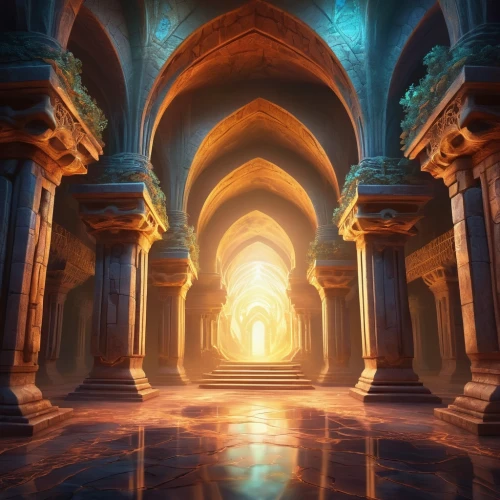 hall of the fallen,games of light,the pillar of light,threshold,fantasy landscape,cartoon video game background,the mystical path,portal,backgrounds,3d fantasy,the threshold of the house,cg artwork,fantasy art,arches,world digital painting,cathedral,sanctuary,pillars,medieval architecture,ancient city,Illustration,Realistic Fantasy,Realistic Fantasy 01
