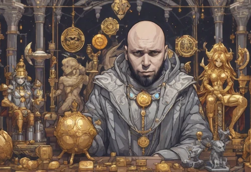 the collector,apothecary,merchant,prejmer,shopkeeper,archimandrite,clockmaker,candlemaker,priest,watchmaker,gold shop,high priest,pawn,fortune teller,ball fortune tellers,the abbot of olib,chess player,saint mark,monk,twelve apostle,Digital Art,Pixel