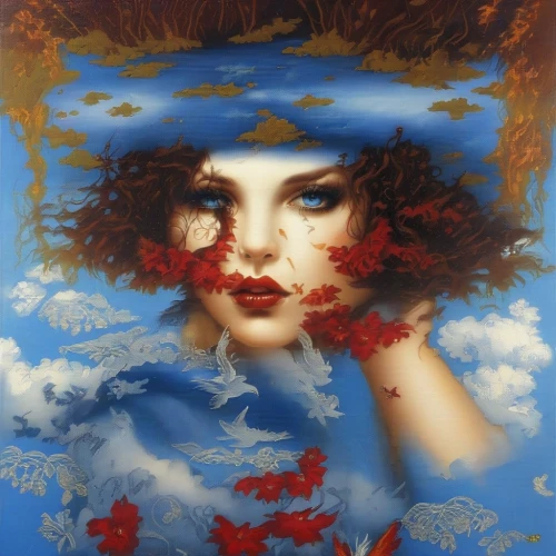 siren,oil painting on canvas,mystical portrait of a girl,fantasy art,vanessa cardui,amano,fantasy portrait,fractals art,fantasia,sky rose,fall from the clouds,water nymph,oil painting,oil on canvas,secret garden of venus,submerged,blue moon rose,the wind from the sea,coral bells,flora,Illustration,Realistic Fantasy,Realistic Fantasy 10