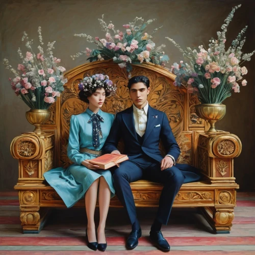 young couple,wedding couple,monarchy,romantic portrait,vintage man and woman,man and wife,vintage boy and girl,two people,prince and princess,floral chair,throne,as a couple,beautiful couple,mulberry family,couple,bridegroom,custom portrait,quinceañera,the throne,husband and wife,Art,Classical Oil Painting,Classical Oil Painting 32
