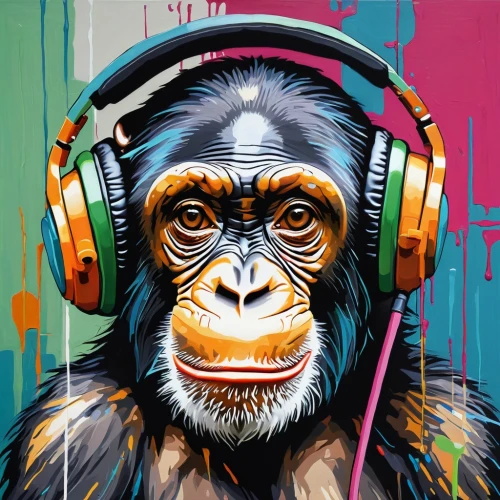 monkeys band,bonobo,chimpanzee,listening to music,chimp,primate,casque,music player,great apes,music,music on your smartphone,blogs music,mandrill,disc jockey,audiophile,ape,electronic music,soundcloud icon,primates,headphone,Conceptual Art,Graffiti Art,Graffiti Art 04