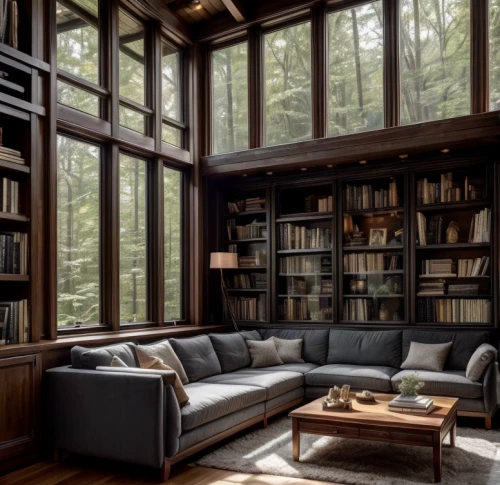 bookshelves,reading room,bookcase,book wall,bookshelf,wooden windows,interior design,shelving,great room,livingroom,sitting room,study room,interiors,living room,the living room of a photographer,interior modern design,family room,the cabin in the mountains,wood window,home office