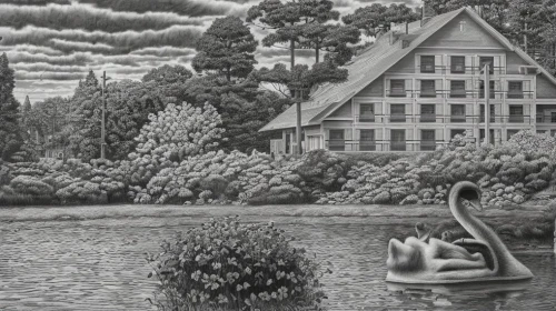 house with lake,boathouse,lilly pond,lily pond,garden pond,cottage,swan boat,boat house,swan lake,boat landscape,house by the water,home landscape,david bates,dutch mill,pond,swan on the lake,swampy landscape,pond plants,lago grey,wetlands,Art sketch,Art sketch,Ultra Realistic